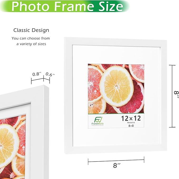 FrameWorks 2-Pack, 12x12 Matted to 8x8 Picture Frame, White ??Classic Wooden Photo Frame with Tempered Glass, Modern Matte Finish for Prints, Posters, Certificates & Wall Decor ??Gallery-Ready