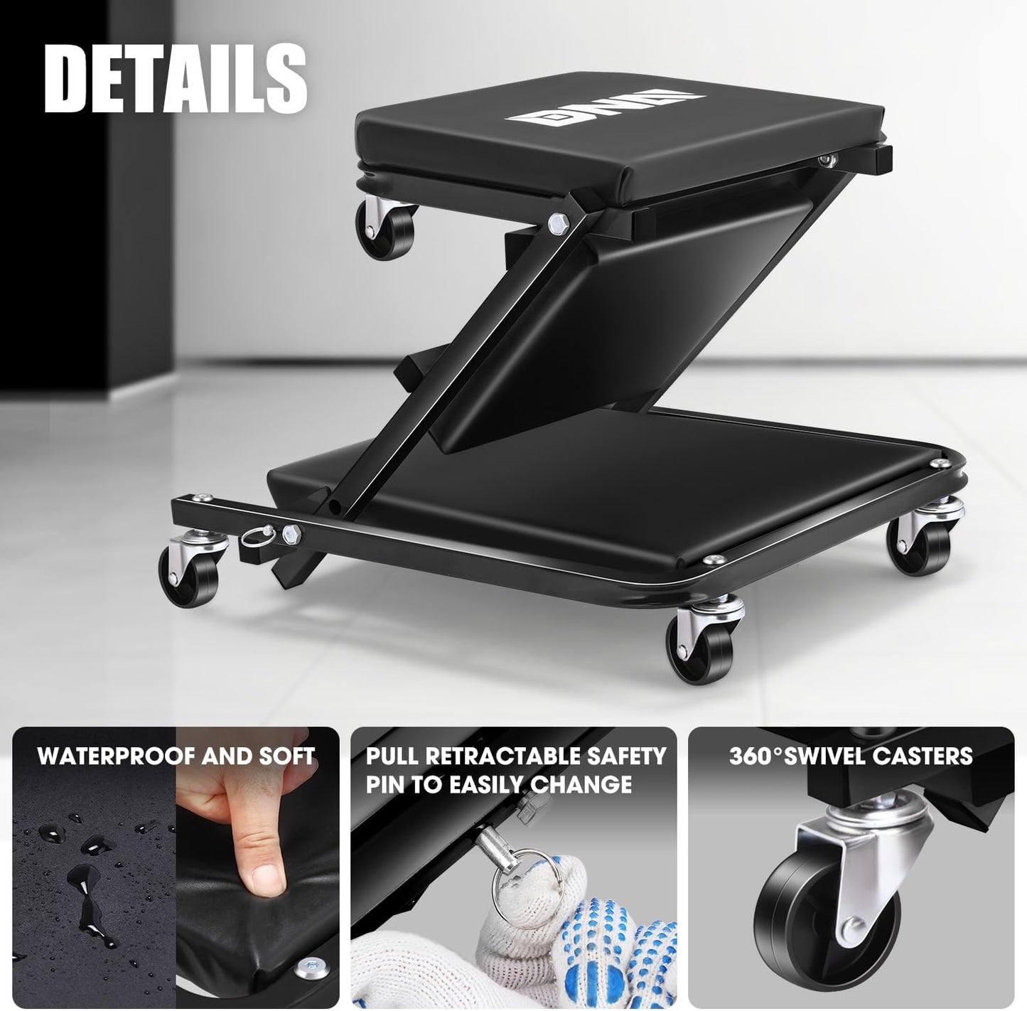 DNA MOTORING 36 Inches Folding 2 in 1 Rolling Z Creeper, Adjustable Roller Garage Chair Lay Down or Sit, 6 Pcs Casters, 330 LBS / 150kg Weight Capacity, Black, TOOLS-00493