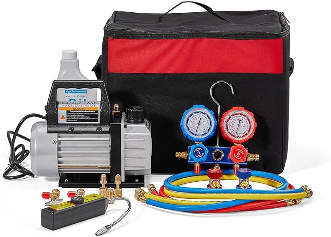 SUNROAD HVAC Air Vacuum Pump Set, 4 CFM 1/3HP A/C Refrigeration AC Manifold Gauge Kit for R410A R134a R12 R22 R502 Auto Air Conditioning Refrigeration Recharging