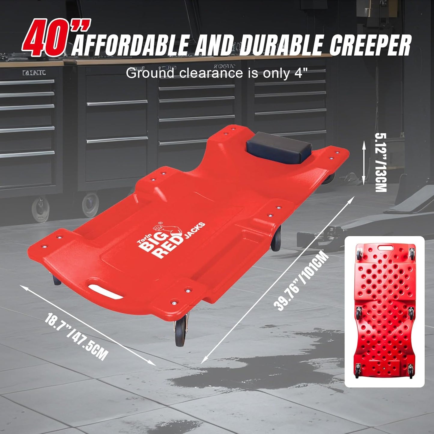 Big RED Plastic Rolling Garage/Shop Creeper: Dual Tool Trays and 6 Casters, Red，40" Mechanic Cart with Padded Headrest