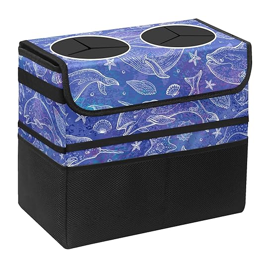 Car Trash Can Purple Whale Seashell Large Storage Garbage Can with Lid Hanging for Back Seat Leakproof Automotive Vehicle Trash Bin