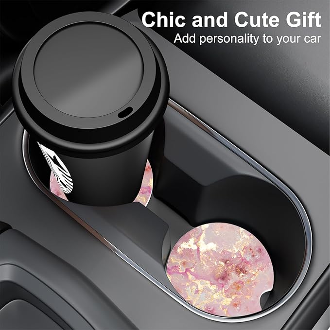 Car Cup Holder Coaster, Car Coasters for Cup Holders, 4 Pack Universal Anti Slip Insert Absorbent Ceramic Auto Interior Accessories with A Finger Notch & Cork Base, Golden Pink Marble