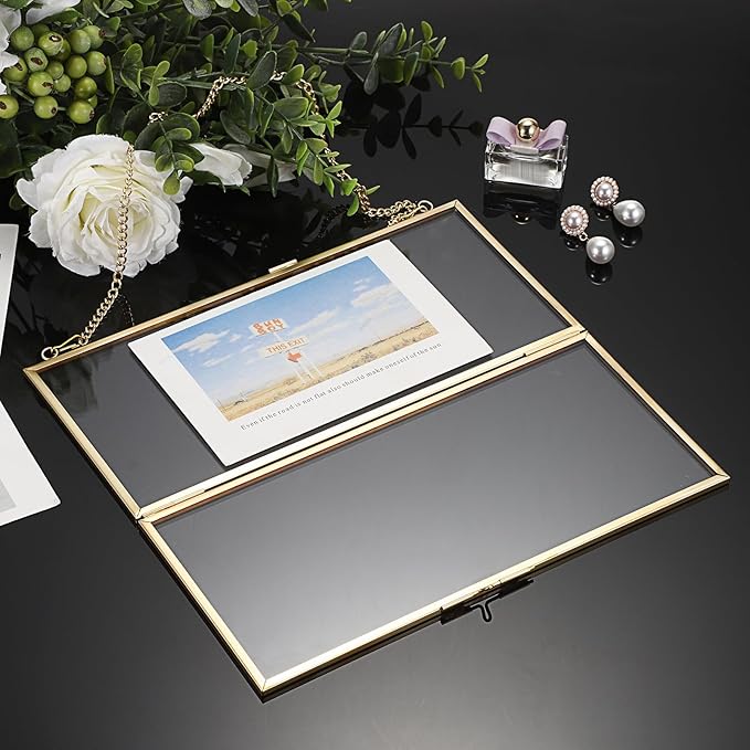 JUXYES 2 Pack Wall Hanging Business License Frame Brass License Certificate Display Frame, Double Glass Floating Diploma Frames, Wall Mount Golden Graduation Frames for 4x9 and 3.5x8.5 Certificate Business Licenses
