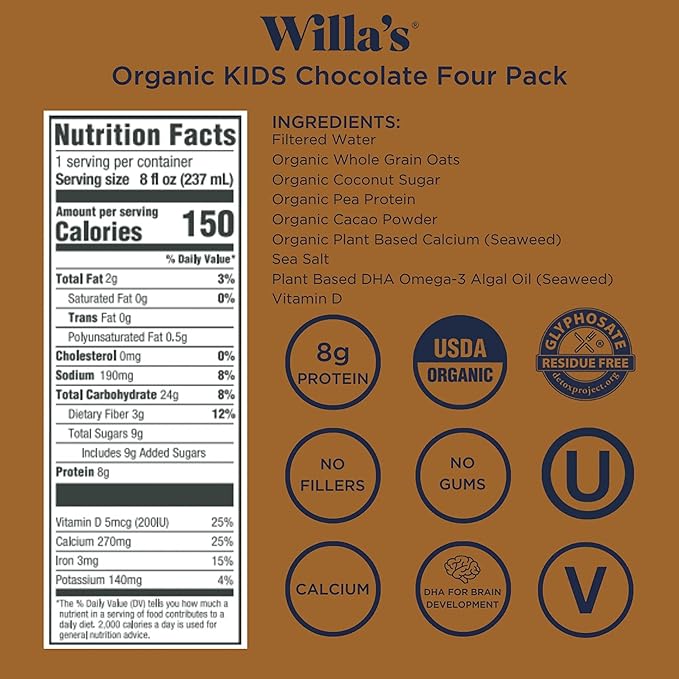 Willa's Organic Kid's Chocolate Oat Milk with 8g Protein & 240g Calcium, Plant-Based Milk for Kids, Dairy-Free, Low Sugar, 2g Fiber– 8.25 oz, 16 Pack
