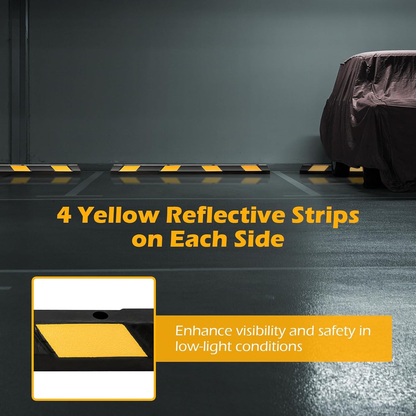 Rubber Parking Curb Garage Floor Stopper, 72" Heavy Duty Parking Lot Stopper with Yellow Reflective Stripes, Guide Wheel Stopper for Car, Truck, RV, Trailer, Driveway (8 Pack)