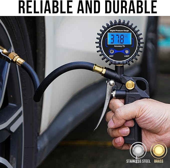 Digital Tire Pressure Gauge with Inflator, 3-250 PSI Air Compressor Accessories with Air Chuck Quick Connect Coupler, Car Attachments with Rubber Hose for Car, Truck, SUV, Cycle, RV