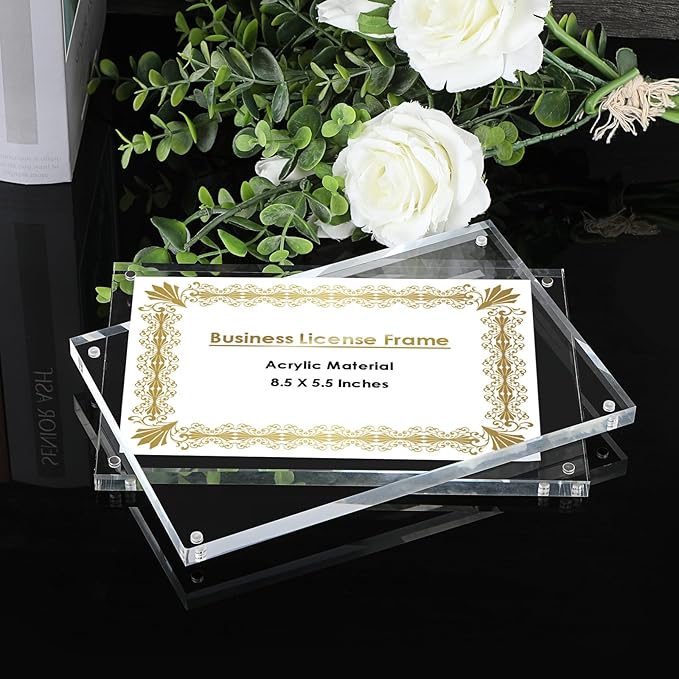 JUXYES 8.5 x 5.5 Clear Acrylic Business License Frame Magnetic Certificate Display Frame, Acrylic Sandwich Frames Frameless Picture Frame Tabletop Magnetic Frames for Business License Certificate