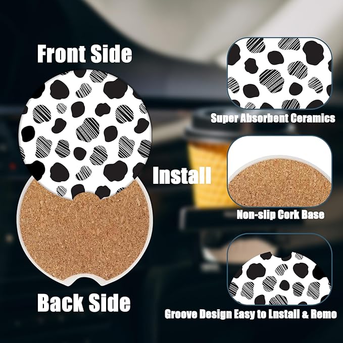 Car Cup Holder Coaster - Black White Cow Skin Absorbent Ceramic Coaster 2 Pack, Car Coasters for Cup Holders, Fashion Car Interior Accessories Drink Coaster for Women & Men