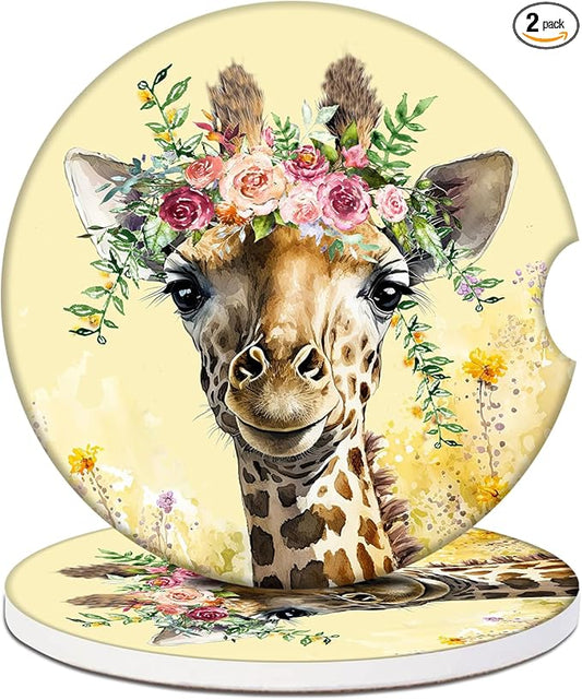 Car Cup Holder Coaster - Cute Giraffe Flower Absorbent Ceramic Coaster 2 Pack, Car Coasters for Cup Holders, Fashion Car Interior Accessories Drink Coaster for Women & Men