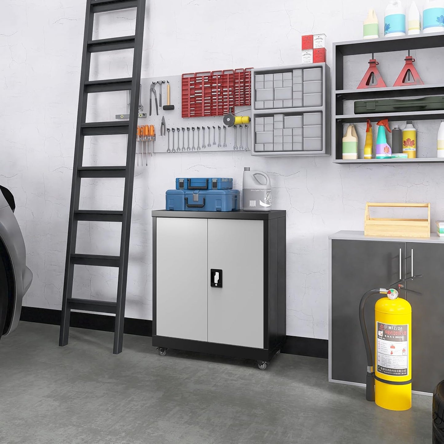 LUCYPAL Metal Storage Cabinet with 2 Doors,Steel Storage Cabinet with Adjustable Shelves and Wheels,Locking Tool Cabinets for Office,Home,Garage,Black&Grey 31.5" H