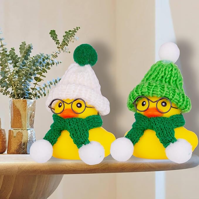 Car Rubber Duck Ornament Winter Duck Car Dashboard Decoration Accessories with Mini Beanie Hat Sunglasses Necklace or Bow(E2)
