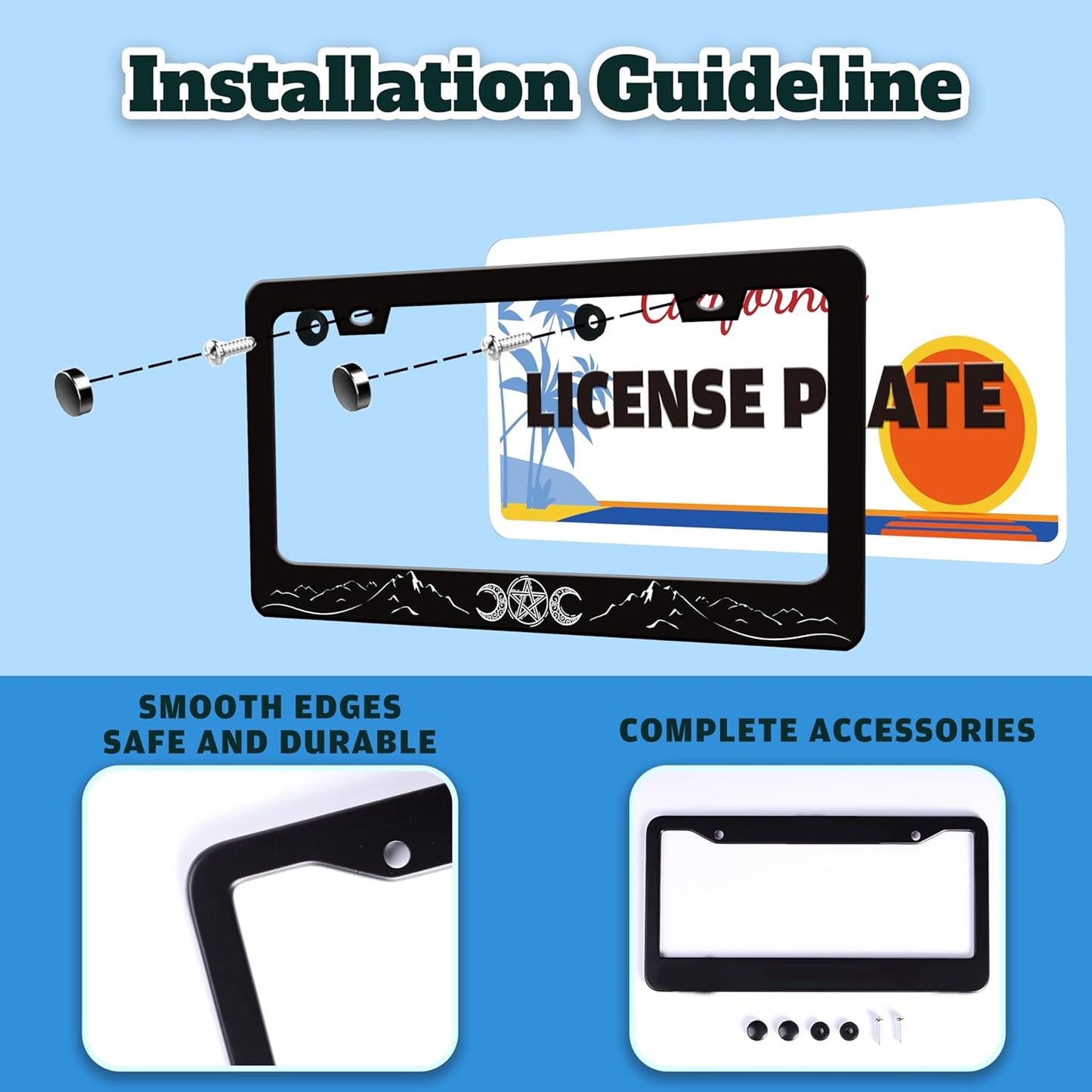 Triple Goddess License Plate Frame Mountains Moon License Plate Holder for Front or Rear Car Tags Reusable Durable Stainless Steel Car Funny Decoration with Screws 6.3 X 12.2 Inch for Men Women