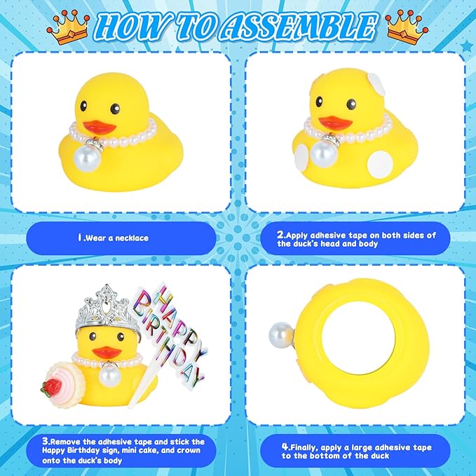 Rubber Duck Birthday Party Favors, DIY Cake Topper with Crown, Pearl & Cupcake Accessories, Duck Decor for Kids, Car Dashboard