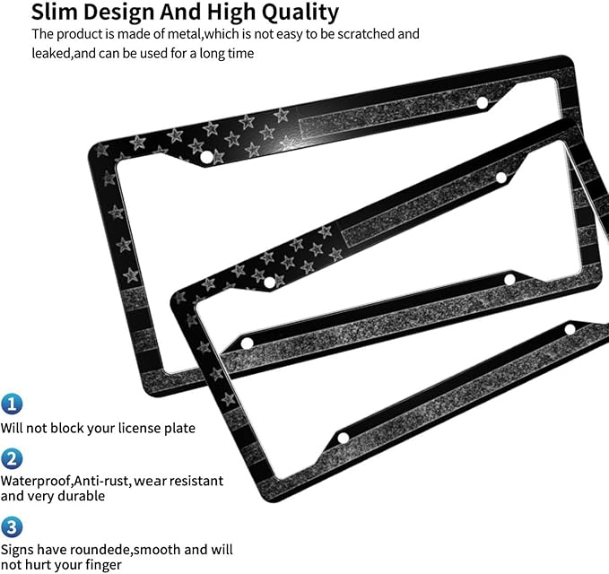 License Plate Frame 2 Pack Front Rear Aluminum Metal Rust-Proof Universal Car Tag Frames Holder with 4 Holes Car Decor Accessory with Screws for Men Women - Black Grey American Flag