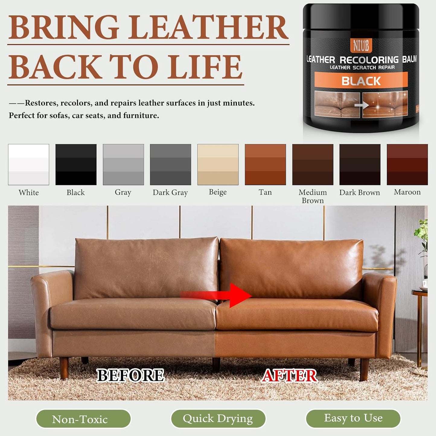 Leather Recoloring Balm Leather Color Restorer Scratch Repair Leather Paint for Furniture Couches Car Seats Shoes Bags Leather Dye and Scratched Leather with Leather Conditioner - TAN