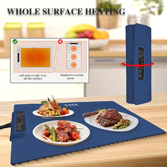 Food Warming Mat,Portable Food Warmer Full Surface Heating,Rapid Heating Electric Warming Tray for Parties|Gatherings,Warming Mat with Auto Shut Off,3 Temperature Controls,Easy to Use