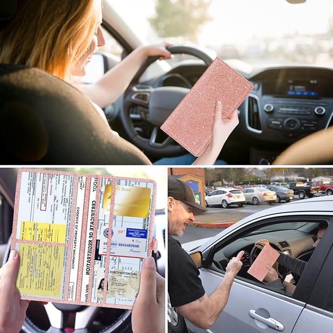Car Registration & Insurance Card Holder Leather Auto Glove Box Organizer Document Wallet with Magnetic Shut (Glitter Rose, large)