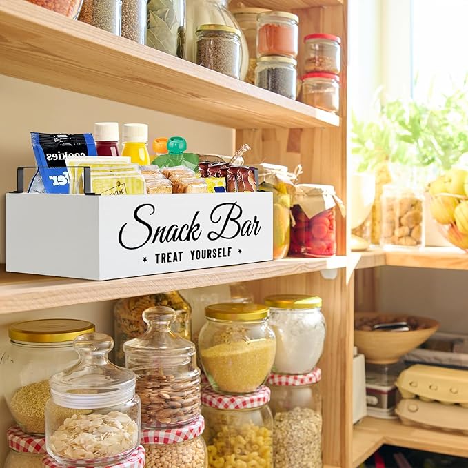 Snack Organizer for Countertop, Wood Pantry Storage Bins with Handles, Snack Bar Organizer for Pantry Shelf, Kitchen, 4 Compartment Food Container Snack Box, Pantry Organizer for Snacks, Chips(White)