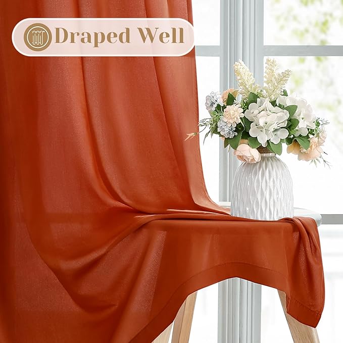 HOMEIDEAS Non-See-Through Fall Burnt Orange Privacy Sheer Curtains, 52 X 63 Inches Long 2 Panels Sheer Curtains Light Filtering Window Drapes for Bedroom Living Room