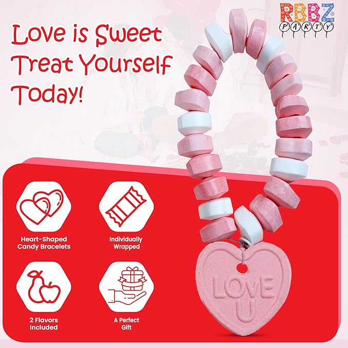 24 Heart Candy Bracelets - 15g Candy Bracelet Individually Wrapped - Heart Shaped Candy - Great for Candy Bags and Party Favors
