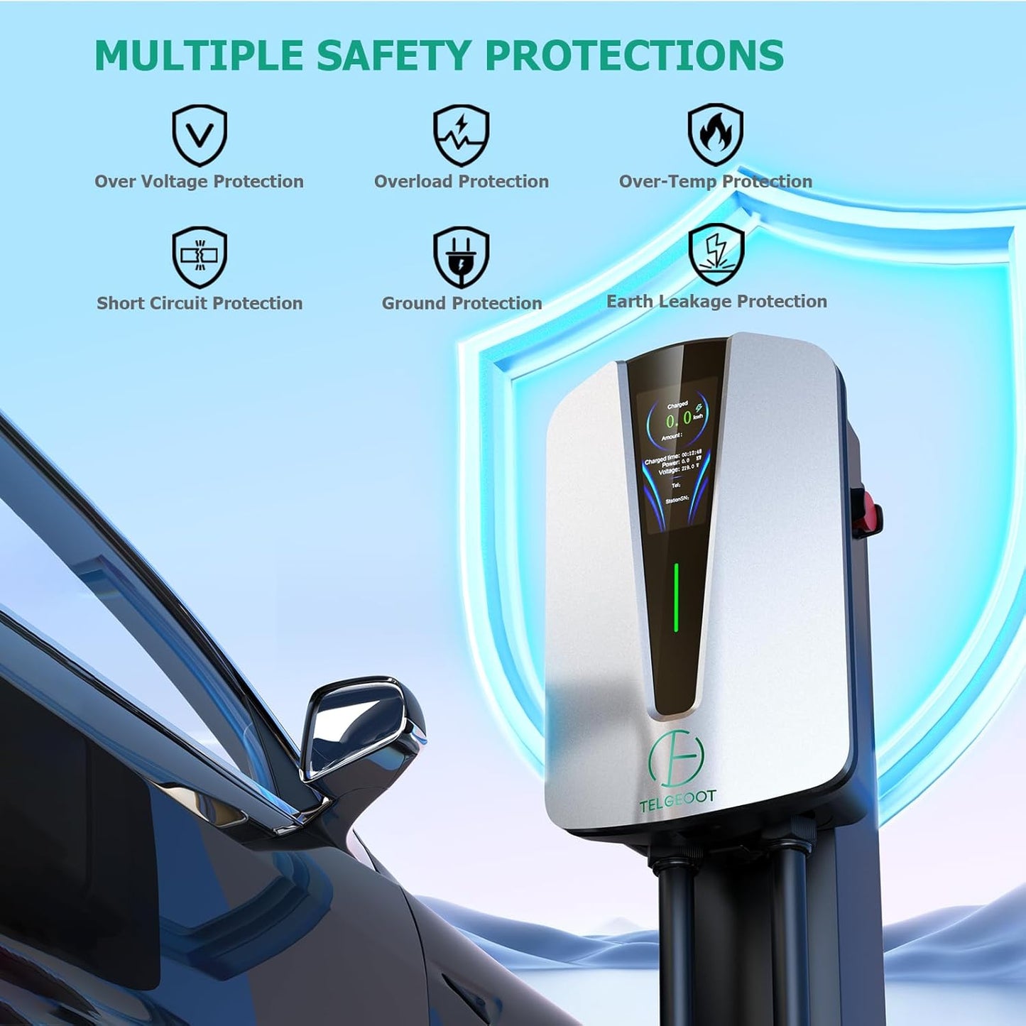 Level 2 EV Charger 48Amp, Indoor/Outdoor Electric Car Charger EVSE SAE J1772, NEMA 14-50 Plug, 25ft Cable, Start Charge Timer, WiFi Enabled