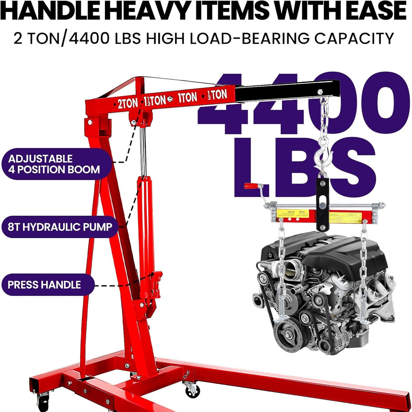 RQR Engine Hoist 2 Ton, Hydraulic Cherry Picker Engine Lift Crane with Leveler, Foldable Shop Crane with Adjustable Boom & 6 Caster Wheels, Heavy Duty Motor Hoist for Garage Engine Jack Lifting