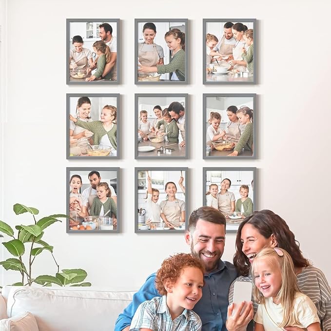 Renditions Gallery Set of 9, 8X10 Custom Photo Prints with Real Wood Picture Frames. Create Personalized Photos with Peel & Stick Photo Frames. Gray Frame