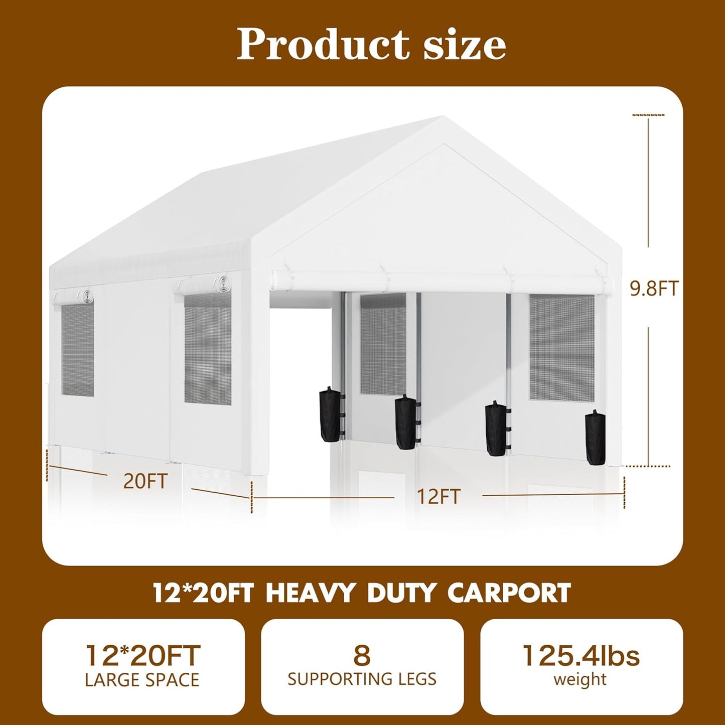 Walsunny Carport, 12x20ft Heavy Duty Carport Canopy with Roll-up Windows, Portable Garage with Removable Sidewalls & Doors, Car Canopy with All-Season Tarp for Car, Truck, Boat