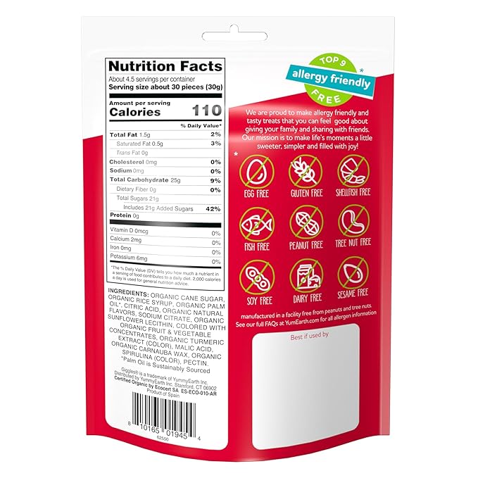 YumEarth Organic Giggles Chewy Candy - Allergy Friendly (Top 9 Free), No Artificial Dyes or Flavors, Non GMO, Gluten Free, Vegan Candy Snacks - 5 Ounce Bag (Pack of 6)