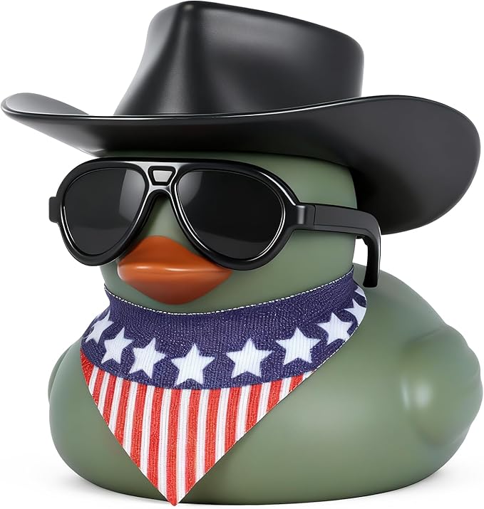 Military Green Rubber Duck Car Ornament with Cowboy Hat, Sunglasses & Bandana - Funny Dashboard Decor Accessories for Car, Desk or Home