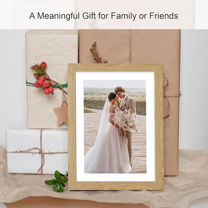 10x14 Picture Frame Set of 4, Made of Glass and Natural Oak Wooden Frame, Display 8x12 Pictures with Mat or 30 x 40cm Diamond Painting Art without Mat for Wall Mounting, Gallery Photo Frames