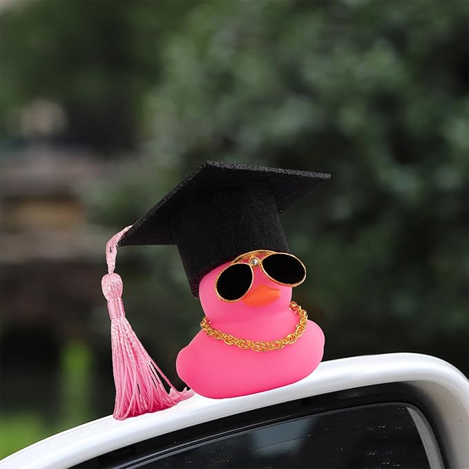 wonuu Car Dashboard Decor Graduation Hat Color Rubber Duck, Car Ducks Ornaments with Mini Graduation Hat Necklace Sunglasses (Pink)