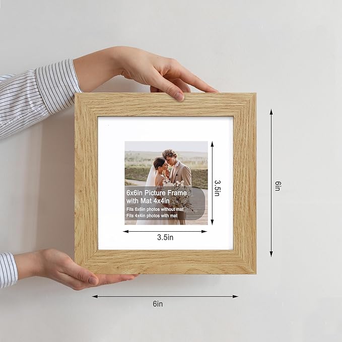 6x6 Picture Frame Set of 4, Made of Glass and Natural Oak Wooden Frame - Display Picture 4x4 with Mat or 6 x 6 Without Mat, 6x6 Photo for Wall or Tabletop