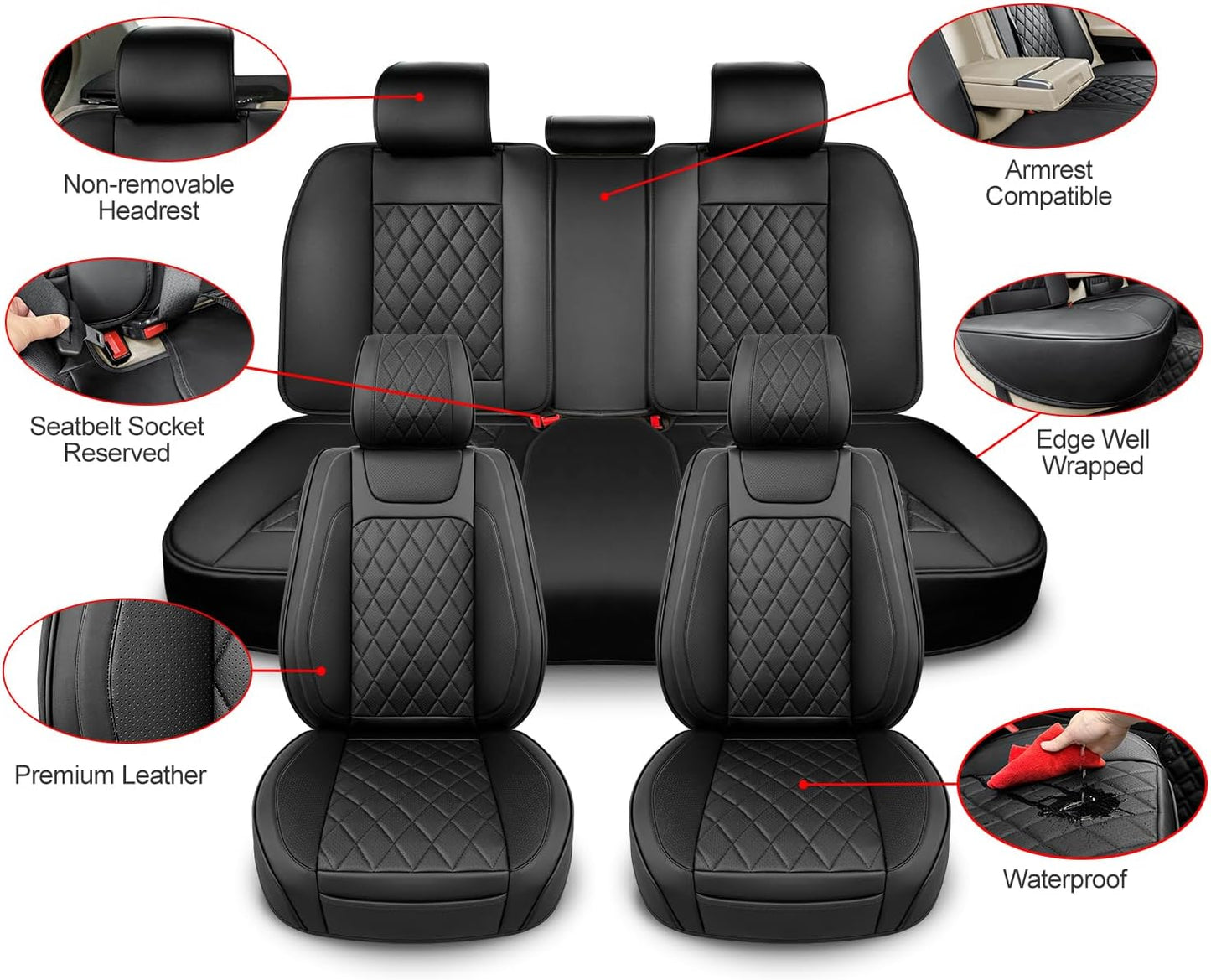 Leather Car Seat Covers Full Set,Unique Rear Design Easy to Install Car Seat Cover Protectors,Universal Full Surround Front Back Auto Seat Cover,Car Seat Cover for Sedan Cars Pick-up Trucks SUV