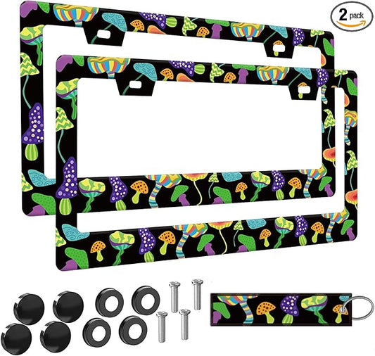 2pcs Mushrooms License Plate Frame for Women, Retro Mushroom car Decorative tag Frames Girly, Green Plant theam License Plate Cover Holder for Vehicle with Double Sided Keychain tag
