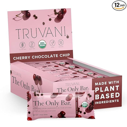 Truvani Plant Based Snack Bars | Cherry Chocolate Chip 12 Pack | 5g Protein | USDA Organic and Vegan | The Only Bar | Dairy, Soy, and Gluten Free | Individually Wrapped