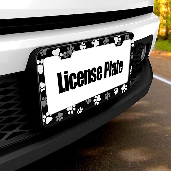 Paws Print License Plate Frame - 1 Pack Personalized Aluminum Car License Plate Cover Black and White Dog Paws License Plate Holder Universal US-Canada 2 Hole Auto Car Tag for Women/Men