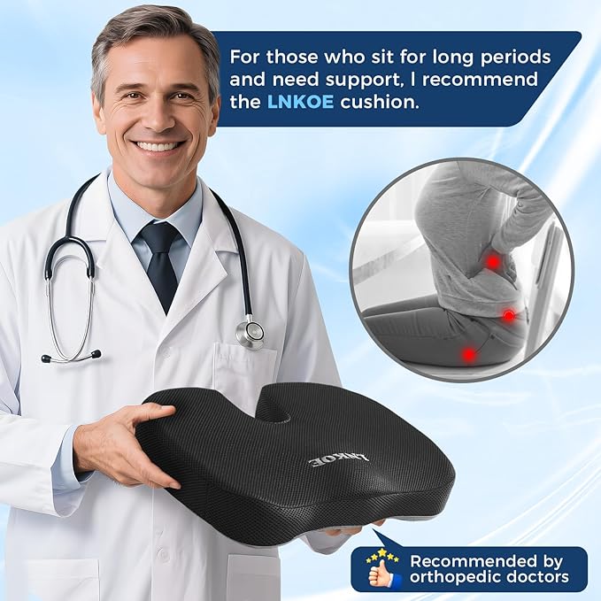 LNKOE Seat Cushion Memory Foam Cushion for Office Chair, Car Seat, Airplane, Bleacher - Sciatica & Hip & Coccyx Pain Relief Desk Chair Cushion for Long Sitting Office Workers, Car Drivers