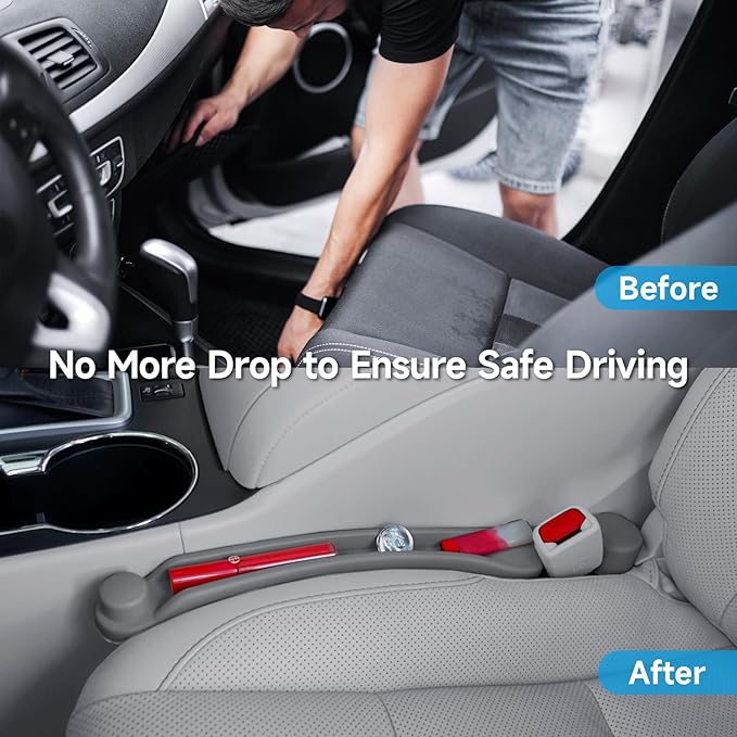 Car Seat Gap Filler Set of 2, 3IN1 Seat Side Gap Filler Plug with Storage Slot & Hook Function, Soft Foam Universal Fit Car SUV Truck Fill Gap Between Seats Console Organizer（Narrow Gray）