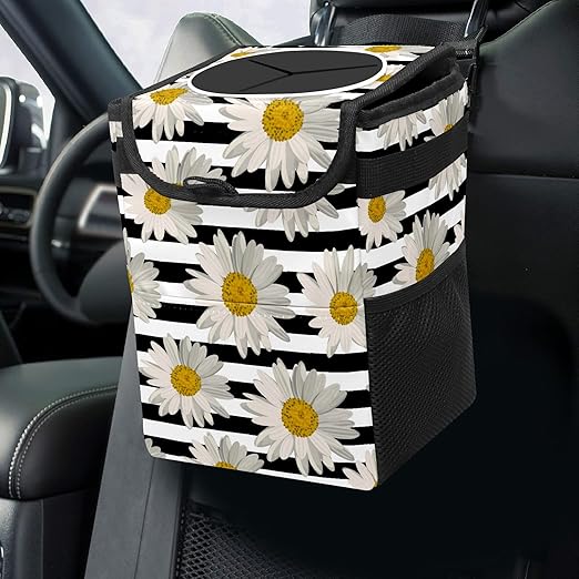 White Black Striped Daisy Car Trash Can With Lid - Collapsible Reusable Waterproof Garage Bag, Automotive Garbage Can, Accessories Interior Organizer