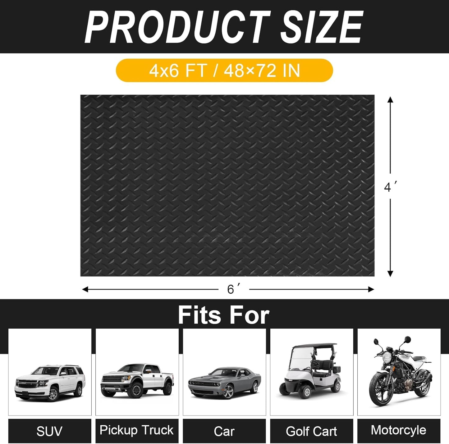 4x6 FT Garage Floor Mat, 2.8mm Thickened Flooring Roll Diamond Plate PVC Rubber Trailer Mat, Non-Slip Floor Mat for Garage, Warehouse, Gyms, Boats, Pickup Truck, Black