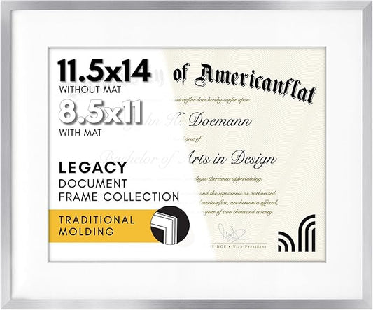 Americanflat 11.5x14 Diploma Frame with Shatter-Resistant Glass - Use as 8.5x11 Frame with Mat or Display 11.5x14 Document Without Mat - Legacy Collection - Certificate Frames for Wall - Silver