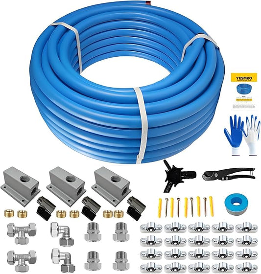 Compressed Air Line Kit,3/4" x 120'HDPE Aluminum Piping System,Air compressor Hose kit for Shop,Garage Air Line Kit with Tubing Straightener,NPT Right Angle/Tee Fittings，Leak Proof