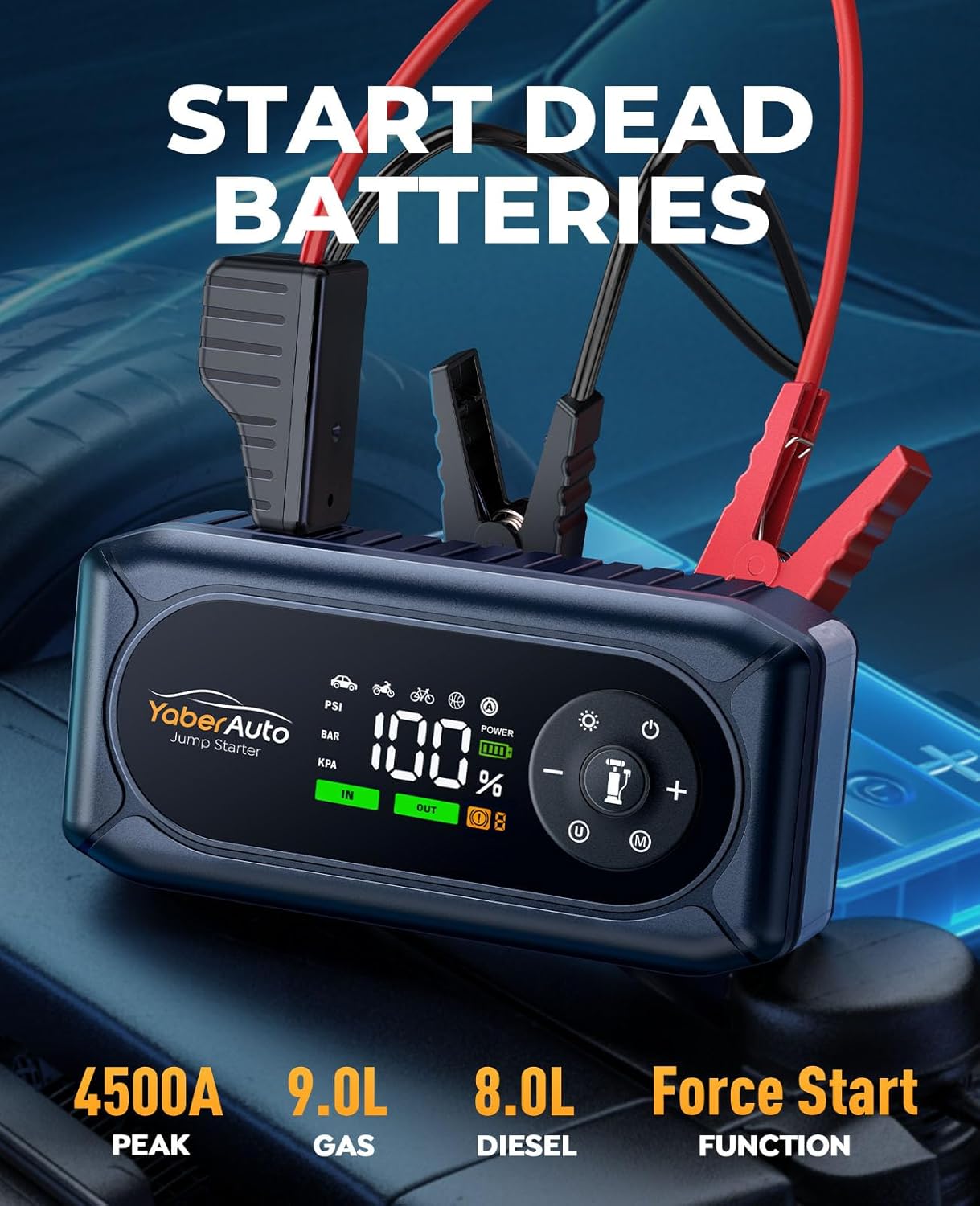 YaberAuto 9-in-1 Jump Starter with Air Compressor 4500A 150PSI Portable Car Battery Jump Starter (9L Gas/8L Diesel), Jump Box Car Battery Jumper Starter Portable Jumper Cables, Insulated Gloves, Light