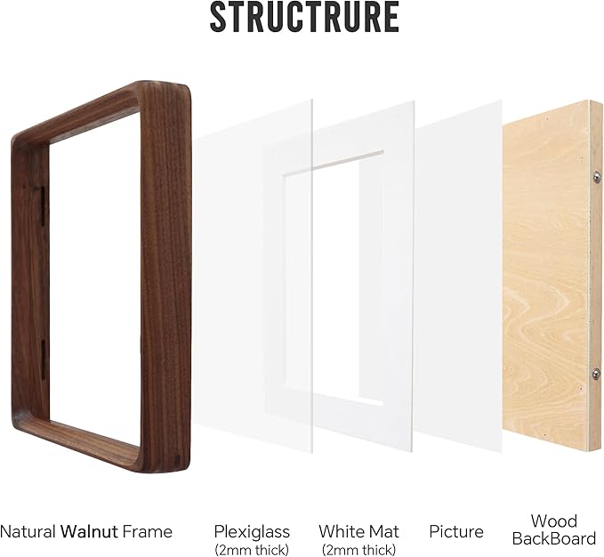 Natural Picture Frame,Display Picture 5x7 with Mat or 6x8 Without Mat,by Plexiglass,Walnut Wood Photo Frame, Wall or Tabletop Decor Display