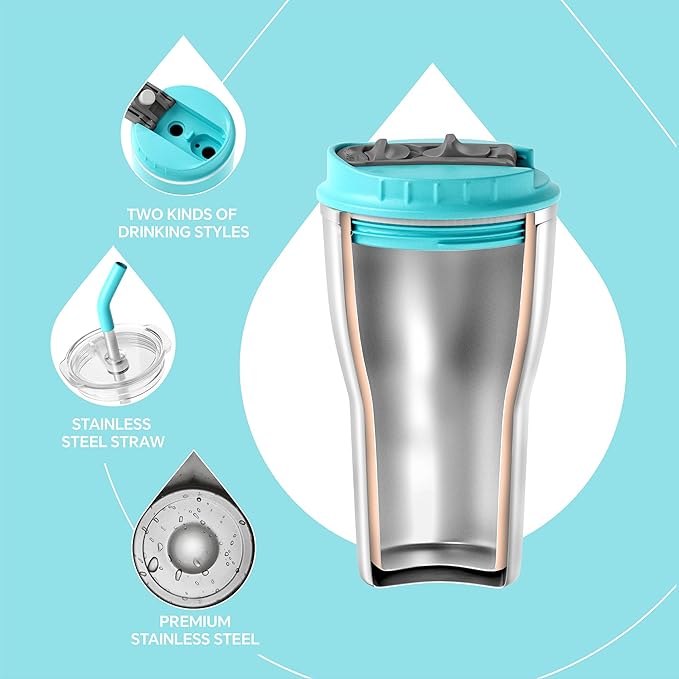 Ideus Insulated Tumbler with Lid and Straw 14 oz, Stainless Steel Double-Wall Vacuum Leak-Proof Travel Coffee Mug, Cup Holder Friendly, Sky Blue