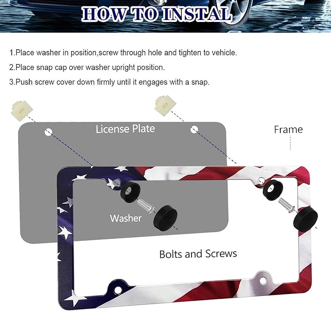 LIN KANG American Flag License Plate Frame Holder - 2 Pack Patriotic Universal Aluminum Matte Stripe US Flag Gloss Car Plate Frame Covers Accessory with 4 Holes and Screws Fasteners Caps