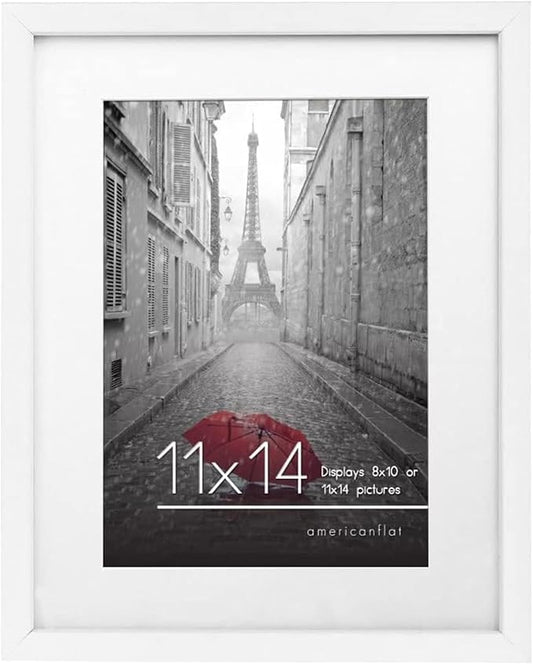 Americanflat 11x14 Picture Frame in White - Displays 8x10 With Mat and 11x14 Without Mat - Composite Wood with Shatter Resistant Glass - Horizontal and Vertical Formats for Wall