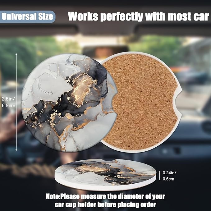 Car Cup Holder Coaster - Black White Marble Absorbent Ceramic Coaster, Car Coasters for Cup Holders, Auto Accessories for Women & Men, Pack of 2