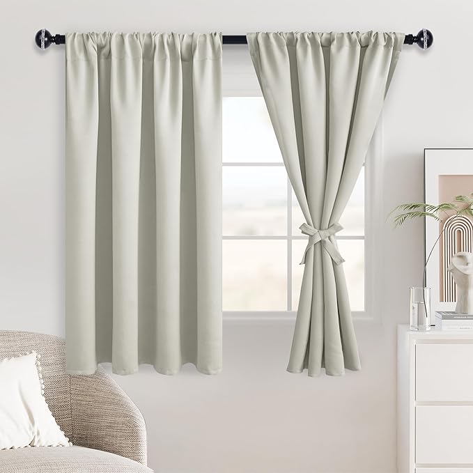 JIUZHEN Blackout Curtains for Bedroom – Thermal Insulated,Noise Reducing Room Darkening Privacy Rod Pocket Drapes for Living Room, Set of 2 Panels with Tiebacks, 42 x 54 inch Long, Ivory